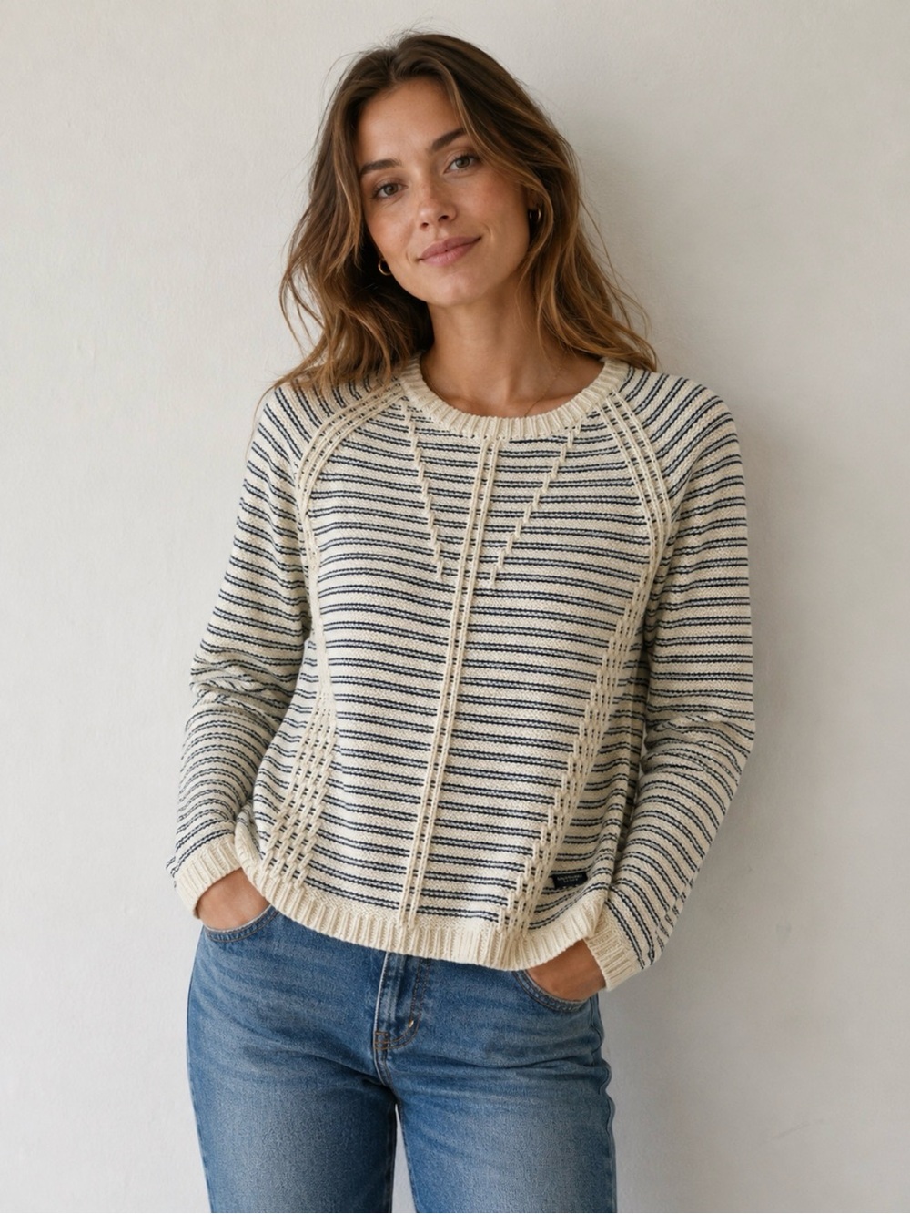 Holebrook Sweden Cream/Navy Crew Neck Cotton Sweater Nautical Top Women’s M EUC